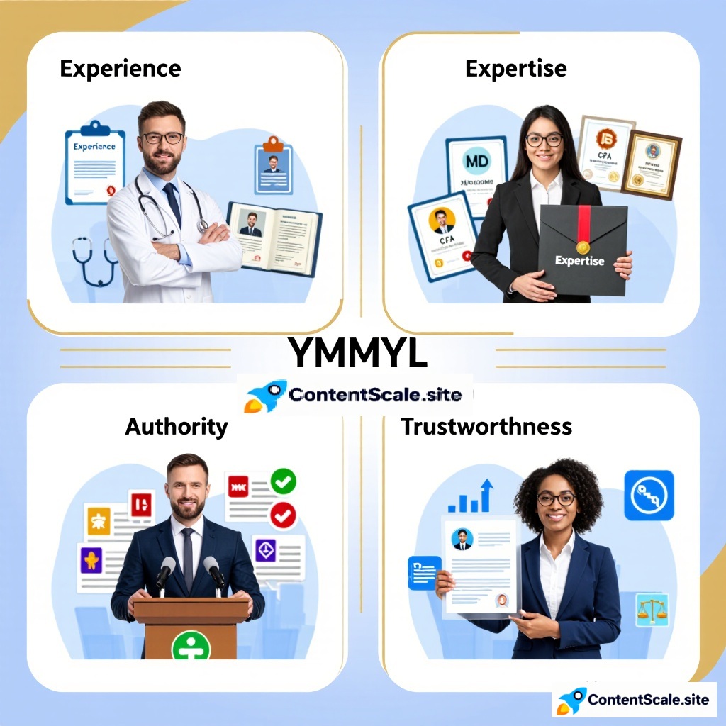 YMYL AI optimization framework showing four E-E-A-T pillars: Experience, Expertise, Authority, and Trustworthiness signals