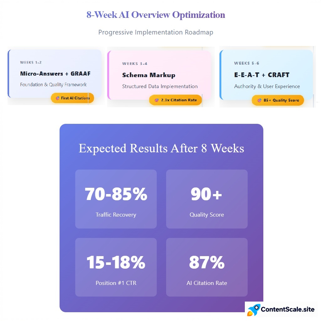 8-week AI Overview optimization roadmap showing progressive phases Weeks 1-2 Micro-Answers GRAAF Weeks 3-4 Schema Markup Weeks 5-6 E-E-A-T CRAFT Weeks 7-8 Freshness Conversational with milestones