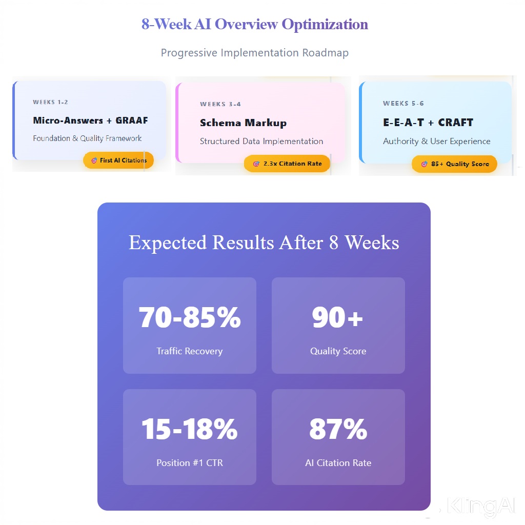8-week AI Overview optimization roadmap showing progressive phases Weeks 1-2 Micro-Answers GRAAF Weeks 3-4 Schema Markup Weeks 5-6 E-E-A-T CRAFT Weeks 7-8 Freshness Conversational with milestones