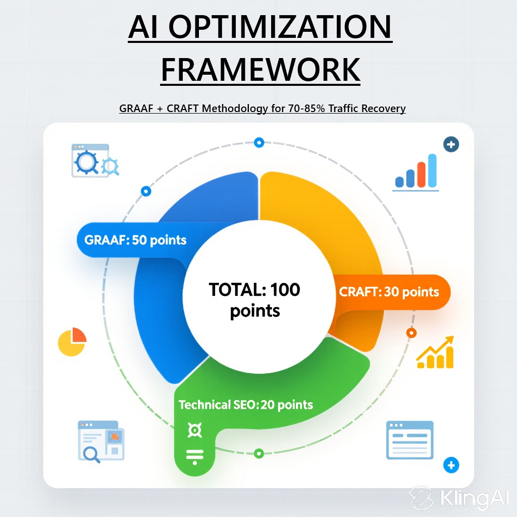 AI Overview optimization framework showing complete methodology with GRAAF 50 points CRAFT 30 points and Technical SEO 20 points totaling 100-point scoring system for AI citation success