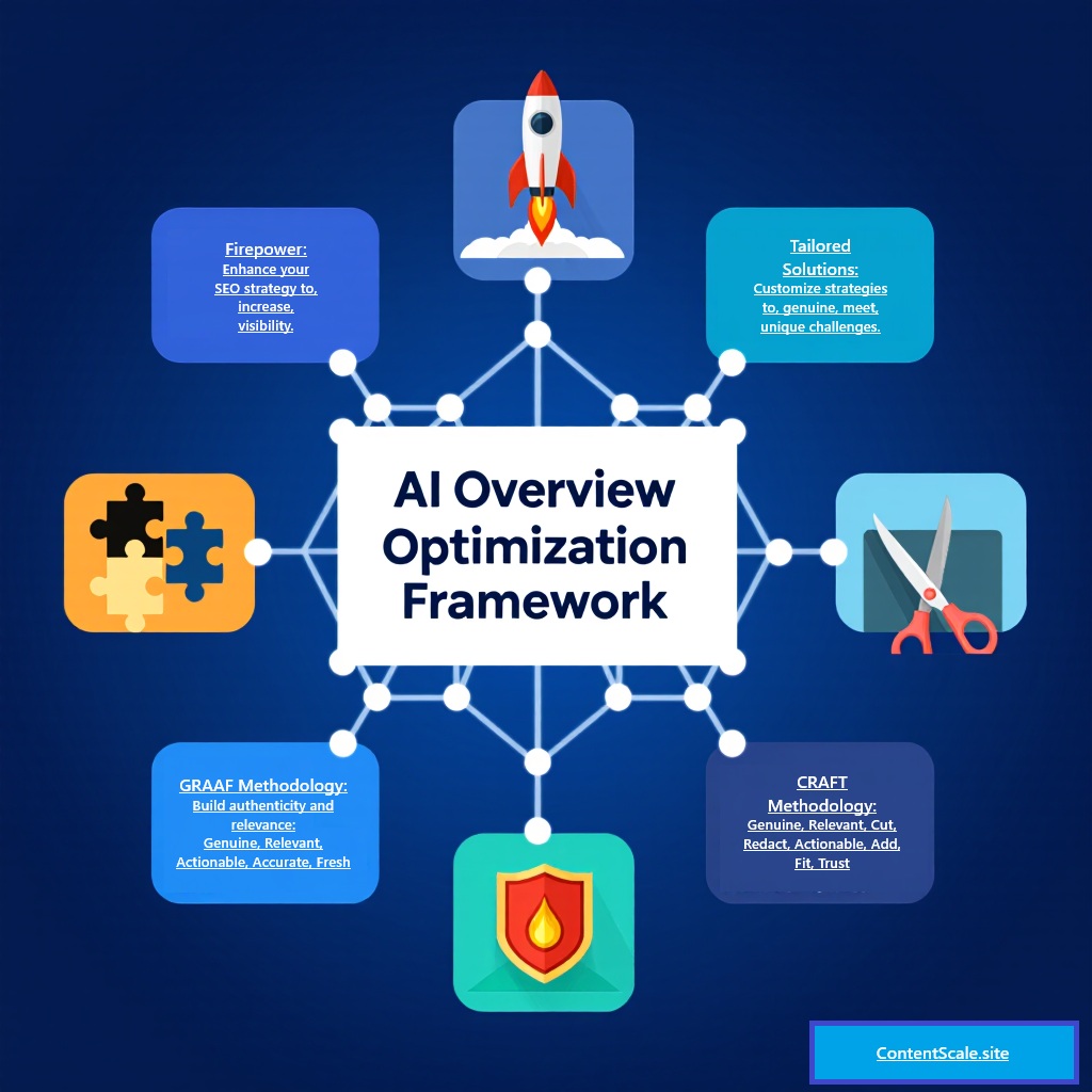 AI Overview optimization framework diagram showing GRAAF framework 50 points for content quality plus CRAFT framework 30 points for user experience plus Technical SEO 20 points equals 100 total score