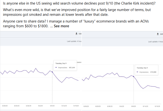 Traffic drop after changes showing search volume declines - Correlation between site updates and traffic loss