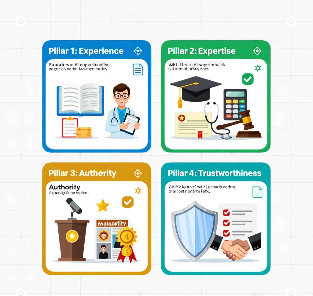 YMYL content optimization showing four essential E-E-A-T pillars: author credentials, expertise verification, authority signals, and trustworthiness indicators