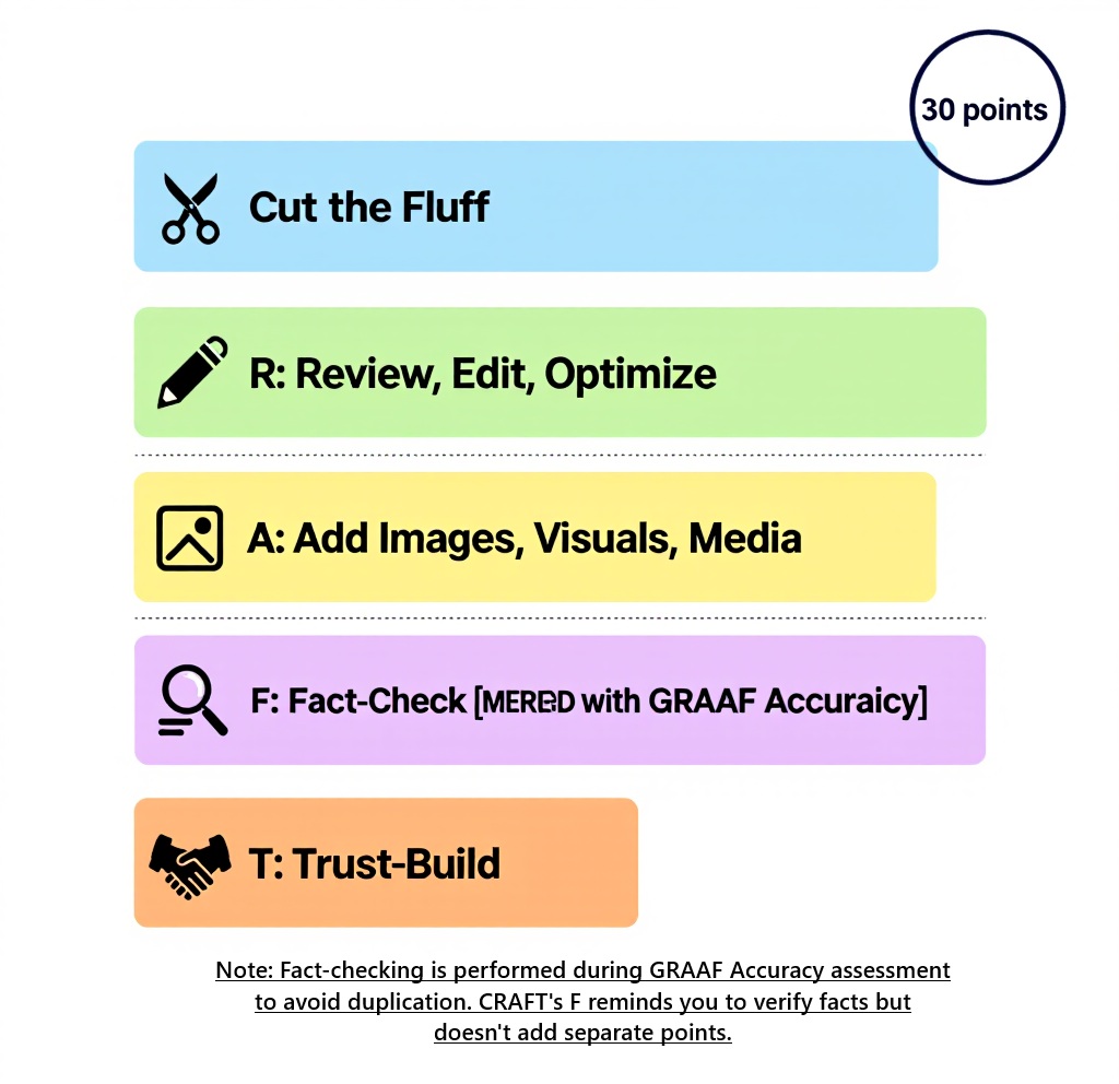 CRAFT framework showing Cut Fluff Review Optimize Add Visuals and Trust Build elements totaling 30 points with Fact-check merged into GRAAF Accuracy
