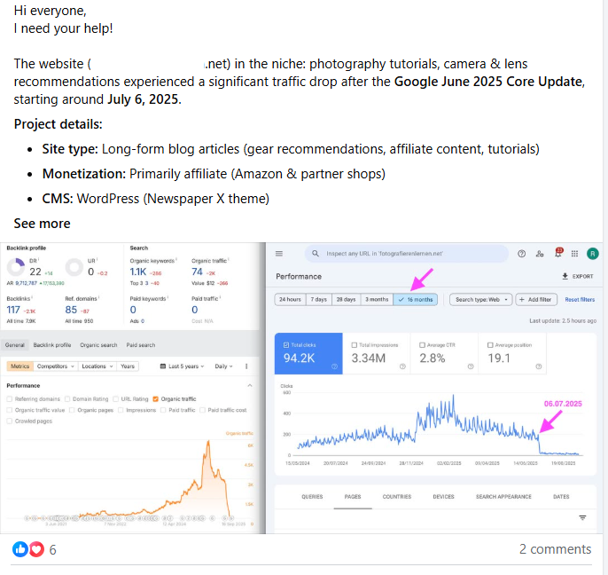 Traffic dropped rankings fine after June 2025 Google core update - AI Overview impact on website traffic