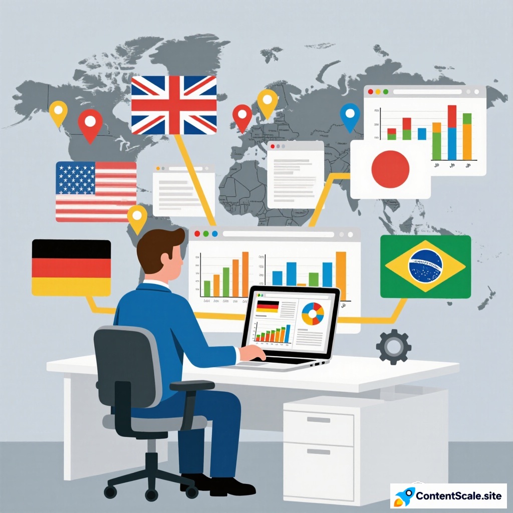 Global reach through international SEO showing 76% non-English internet users and 3.2x traffic increase potential across European markets