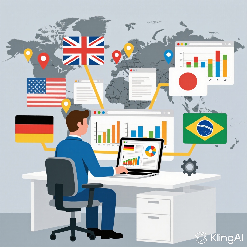 Global reach through international SEO showing 76% non-English internet users and 3.2x traffic increase potential across European markets