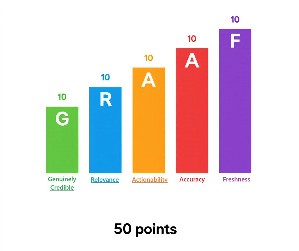 GRAAF framework 5 pillars diagram showing Genuinely Credible Relevance Actionability Accuracy and Freshness each worth 10 points for 50 point total quality score