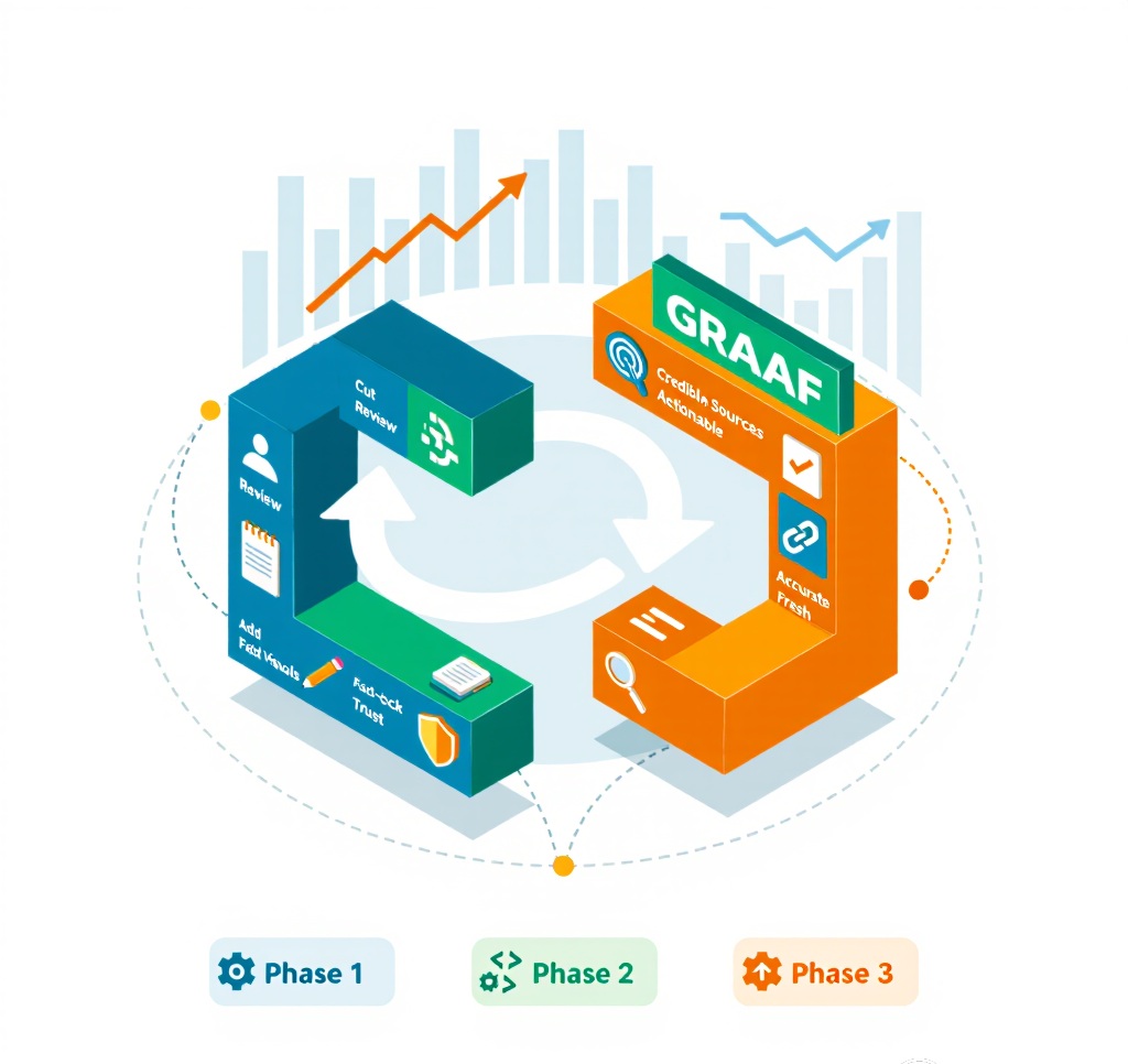 Three-phase implementation combining GRAAF Framework quality, CRAFT Framework editing, and technical SEO