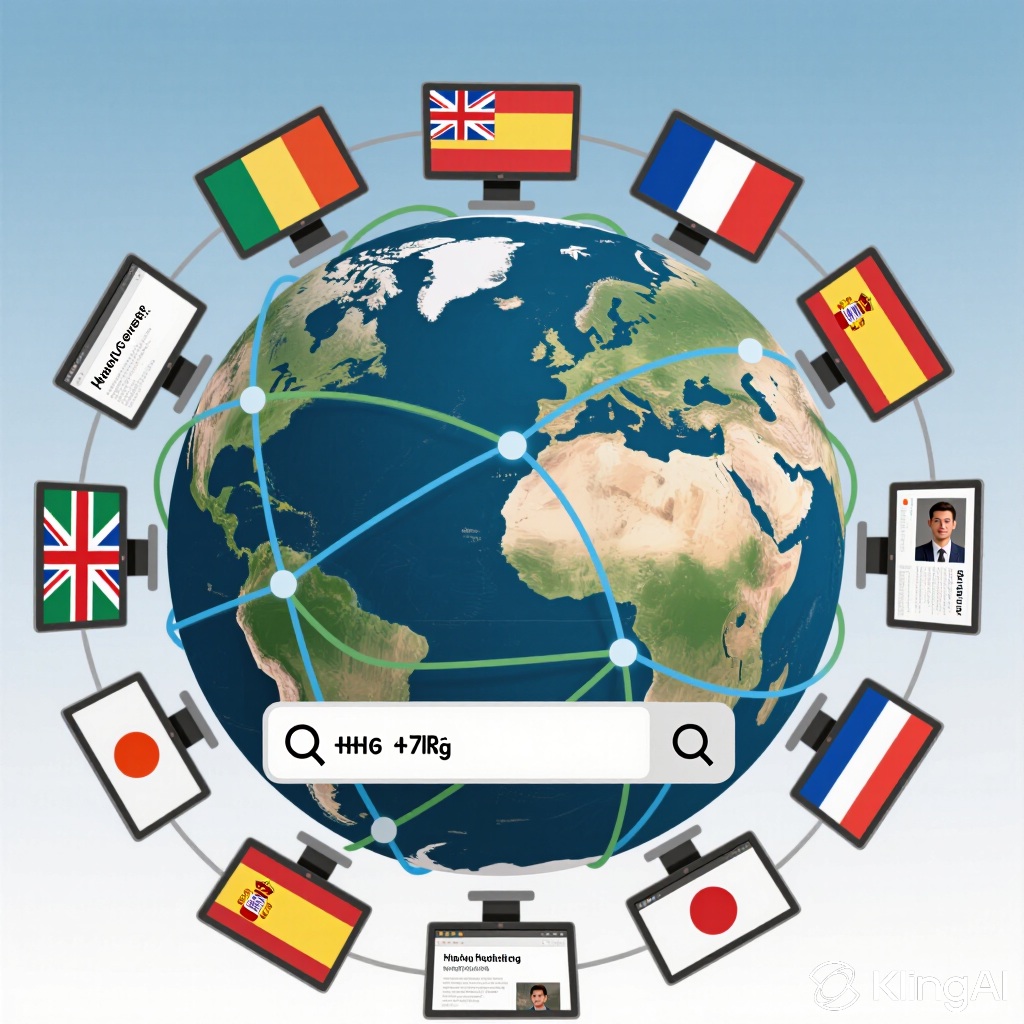 International SEO strategy diagram showing hreflang implementation, URL structures, and content localization for multiple countries