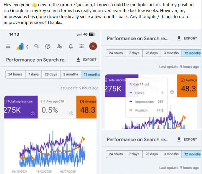 AI Overview trigger patterns showing position stable but impressions dropping dramatically due to AI Override activation