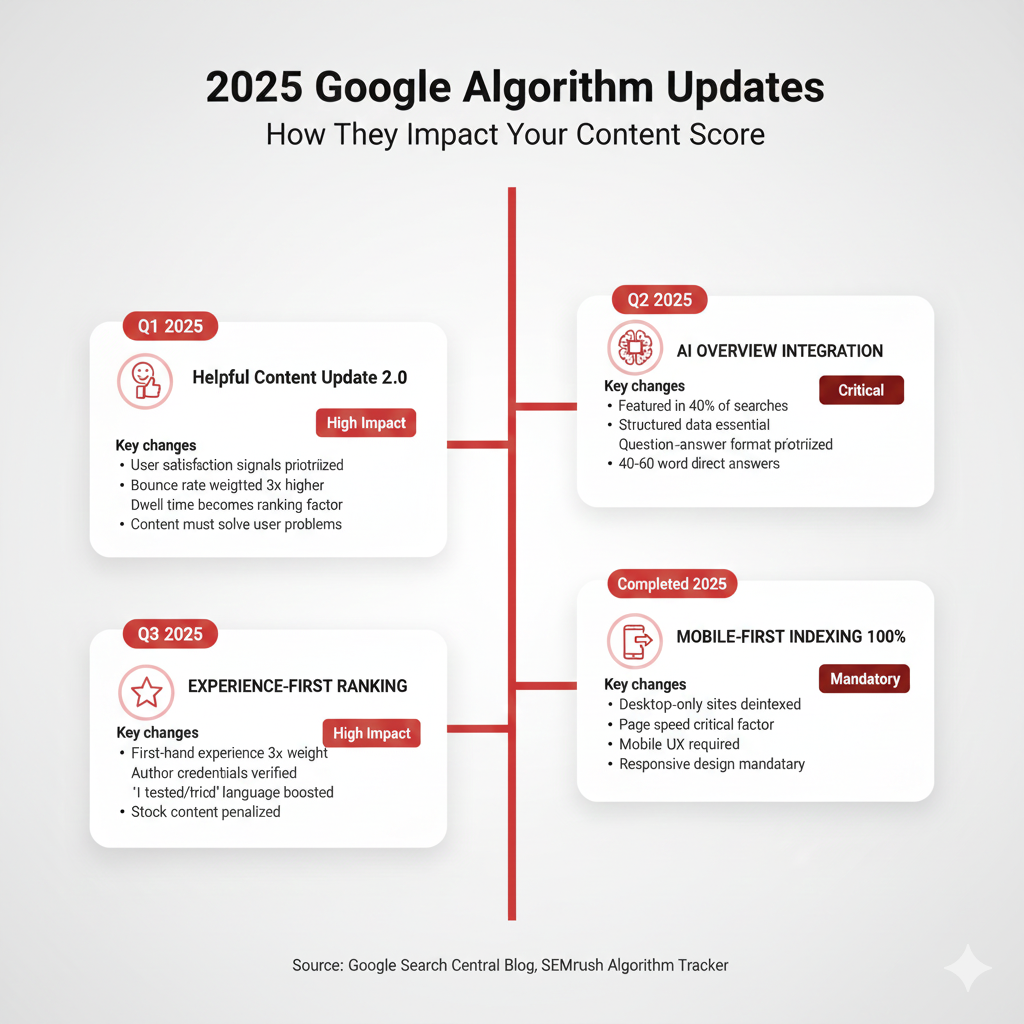 2025 Google algorithm updates infographic showing Helpful Content Update 2.0, AI Overview Integration, Experience-First Ranking, Mobile-First Indexing, and Core Web Vitals 3.0 with specific metrics for November 2025