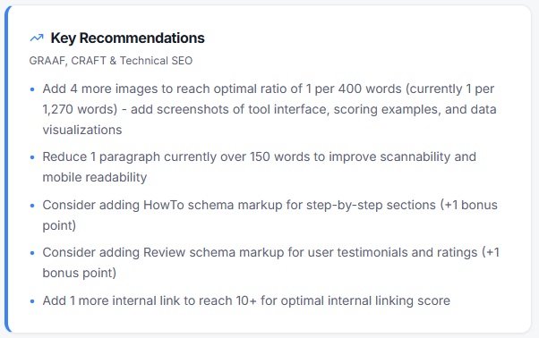 ContentScore Tool recommendations showing actionable improvements for 91 score