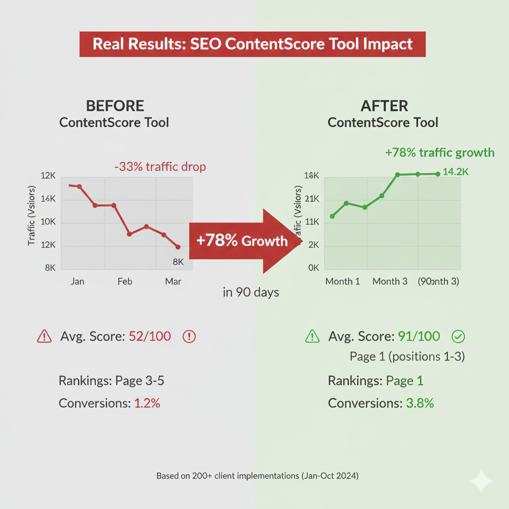 Before and after organic traffic comparison chart showing 78% average growth after implementing SEO ContentScore Tool recommendations over 90-day period with monthly data points and trend lines for November 2025 projections