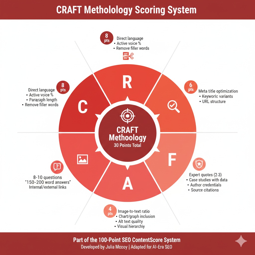 CRAFT Methodology visual diagram showing Cut the Fluff, Review & Optimize, Add Visuals, FAQ Integration, and Trust Building with 30-point scoring breakdown for November 2025