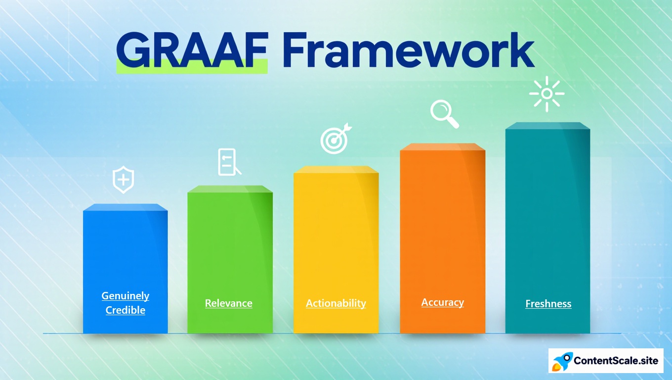 GRAAF Framework infographic showing 5 interconnected pillars (Genuinely Credible, Relevance, Actionability, Accuracy, Freshness) with performance statistics overlay - 340% engagement increase, 67% ranking improvement, 1200x630px
