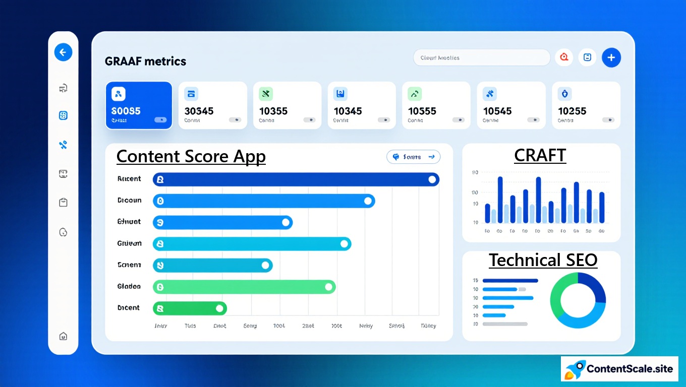 SEO ContentScore app interface showing GRAAF framework scoring dashboard and analytics