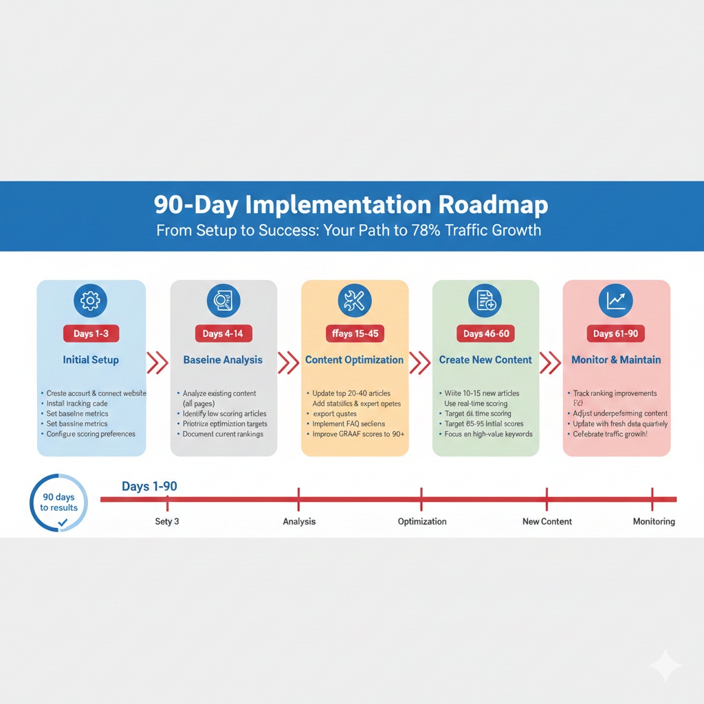 Step-by-step implementation guide showing 5-phase process for using SEO ContentScore Tool from setup to optimization with timeline and key actions for November 2025