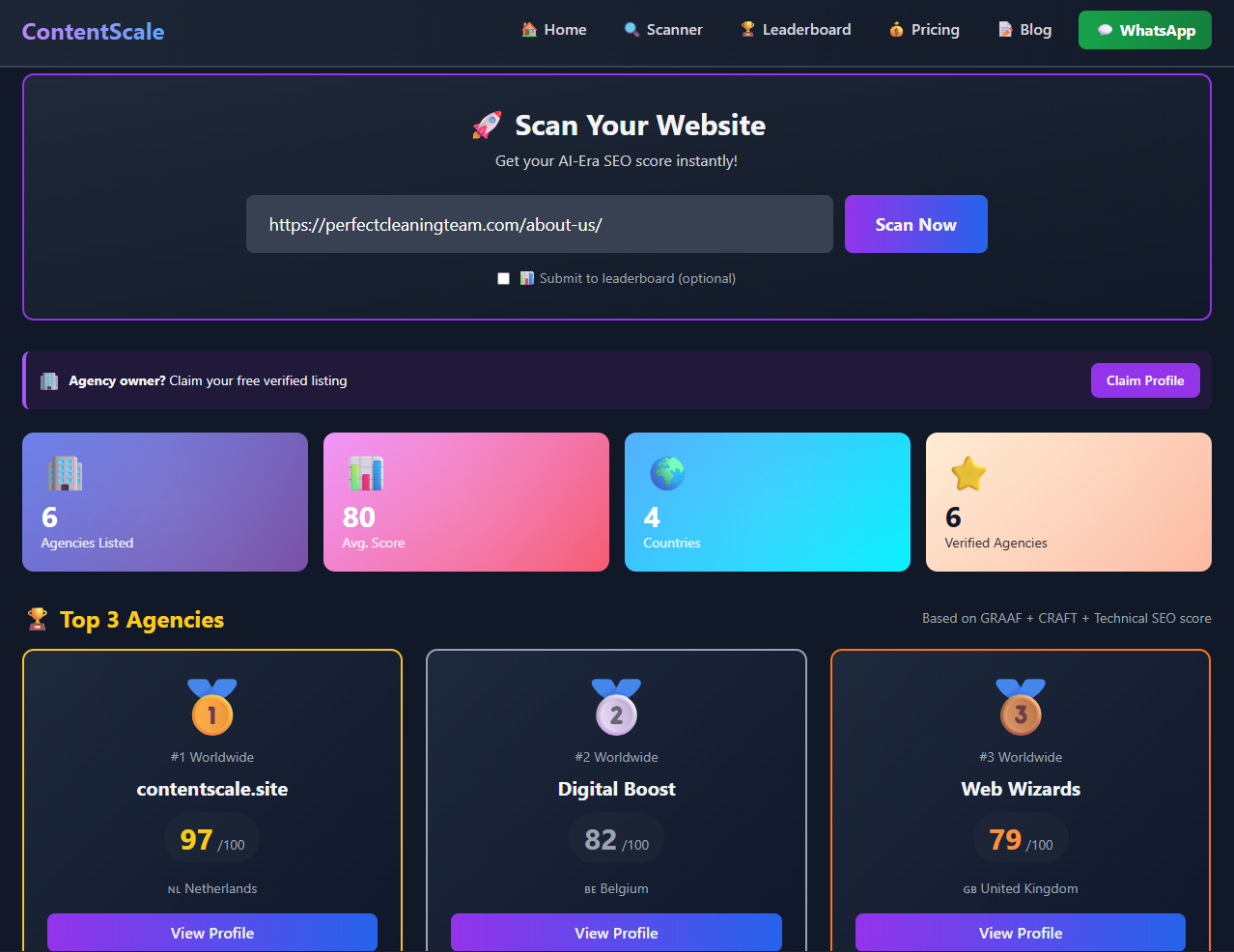 ContentScale GRAAF Framework Scanner: SEO ContentScore Tool interface showing comprehensive GRAAF Framework scoring dashboard