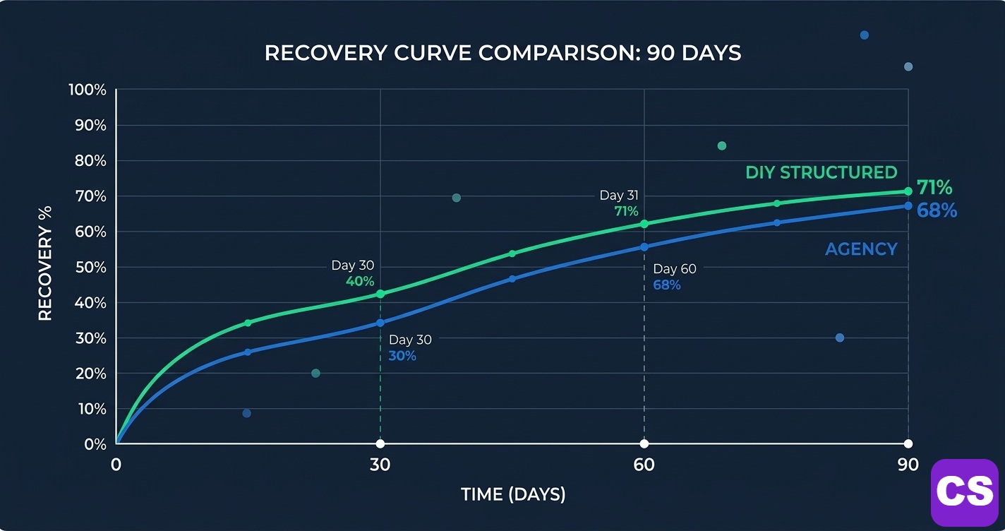 Agency vs DIY SEO recovery results chart showing traffic restoration over 90 days