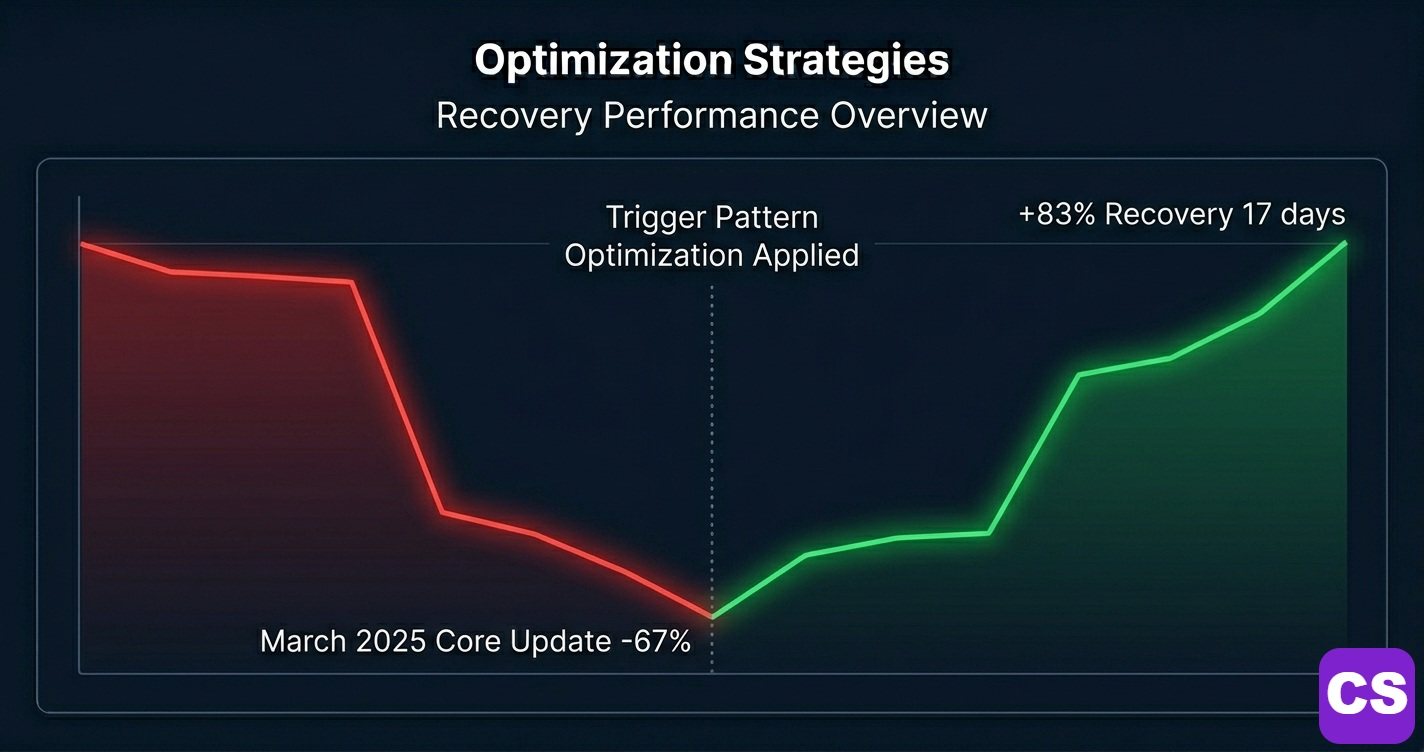 Before and after line chart showing organic traffic dropping 67% then recovering 83% after AI Overview trigger pattern optimization