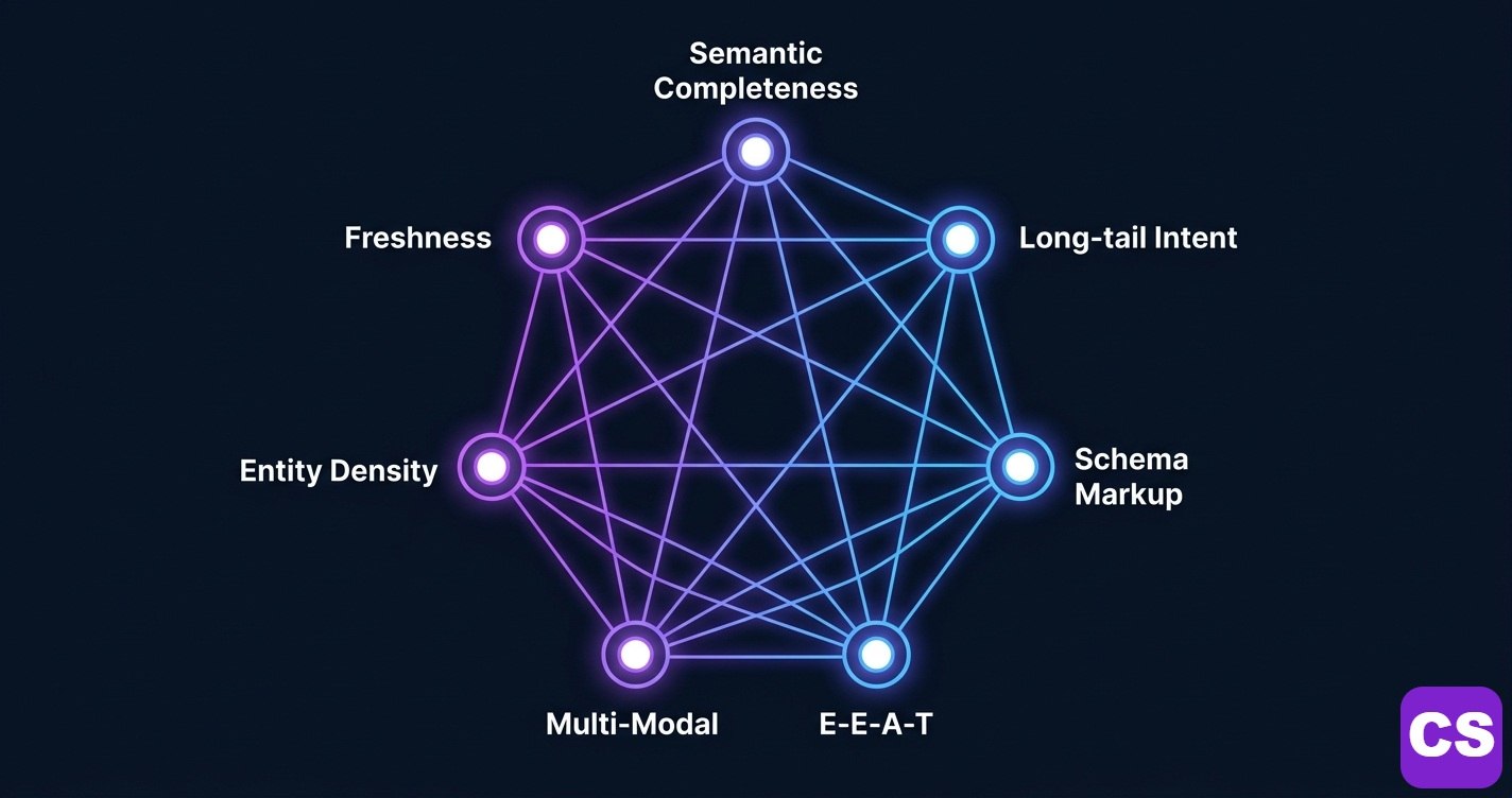 Visual diagram of AI Overview trigger patterns showing seven content signals Google uses to select citation sources