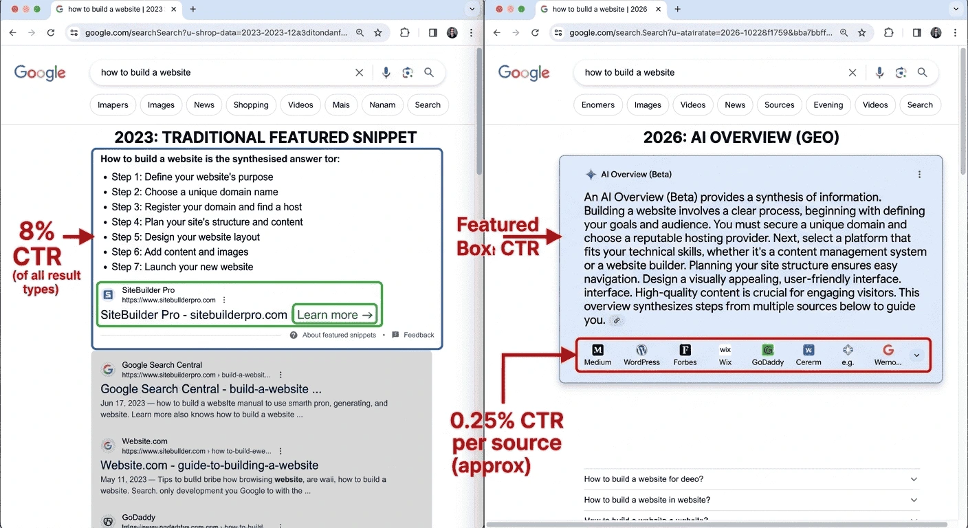 AI Overview vs Featured Snippets live Google SERP comparison — AI Overview panel spans full width crediting 8 sources in collapsed footer text, while the former featured snippet format showed one brand name prominently at the top with a direct click-through link