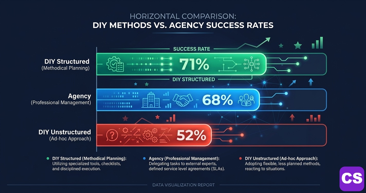 Data chart comparing DIY vs agency SEO recovery success rates 2024-2025