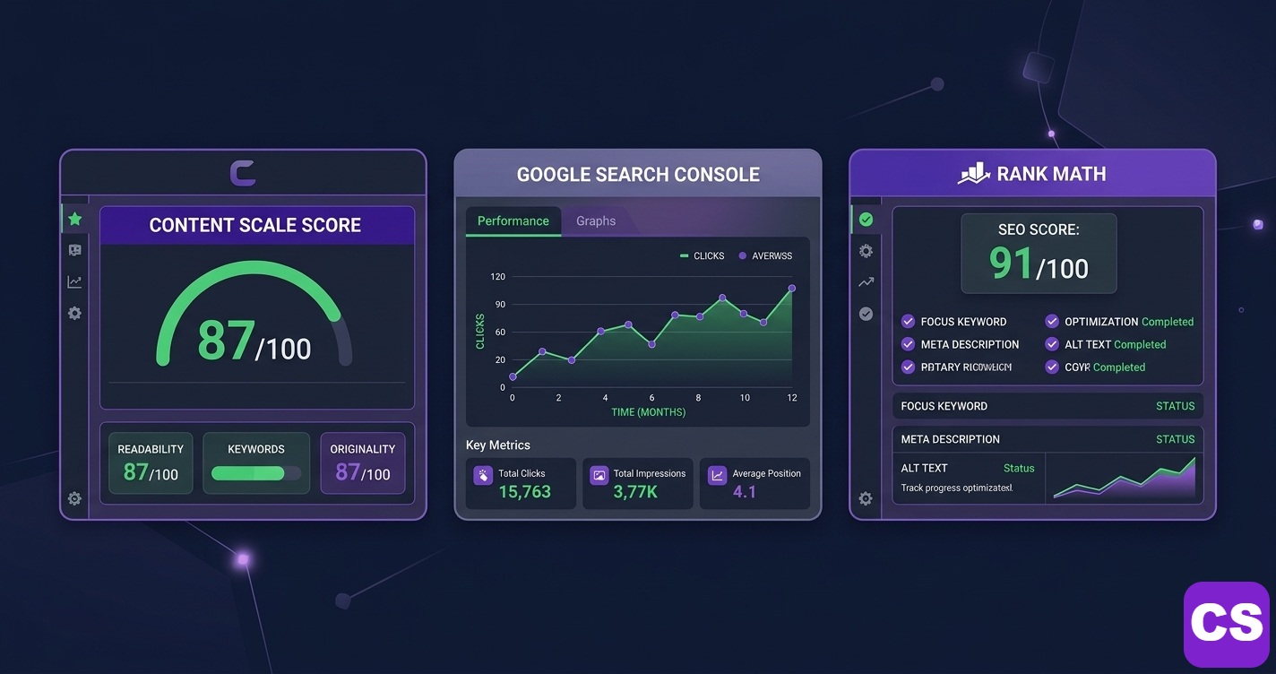 DIY SEO recovery tools comparison showing ContentScale scanner, Google Search Console, and Rank Math