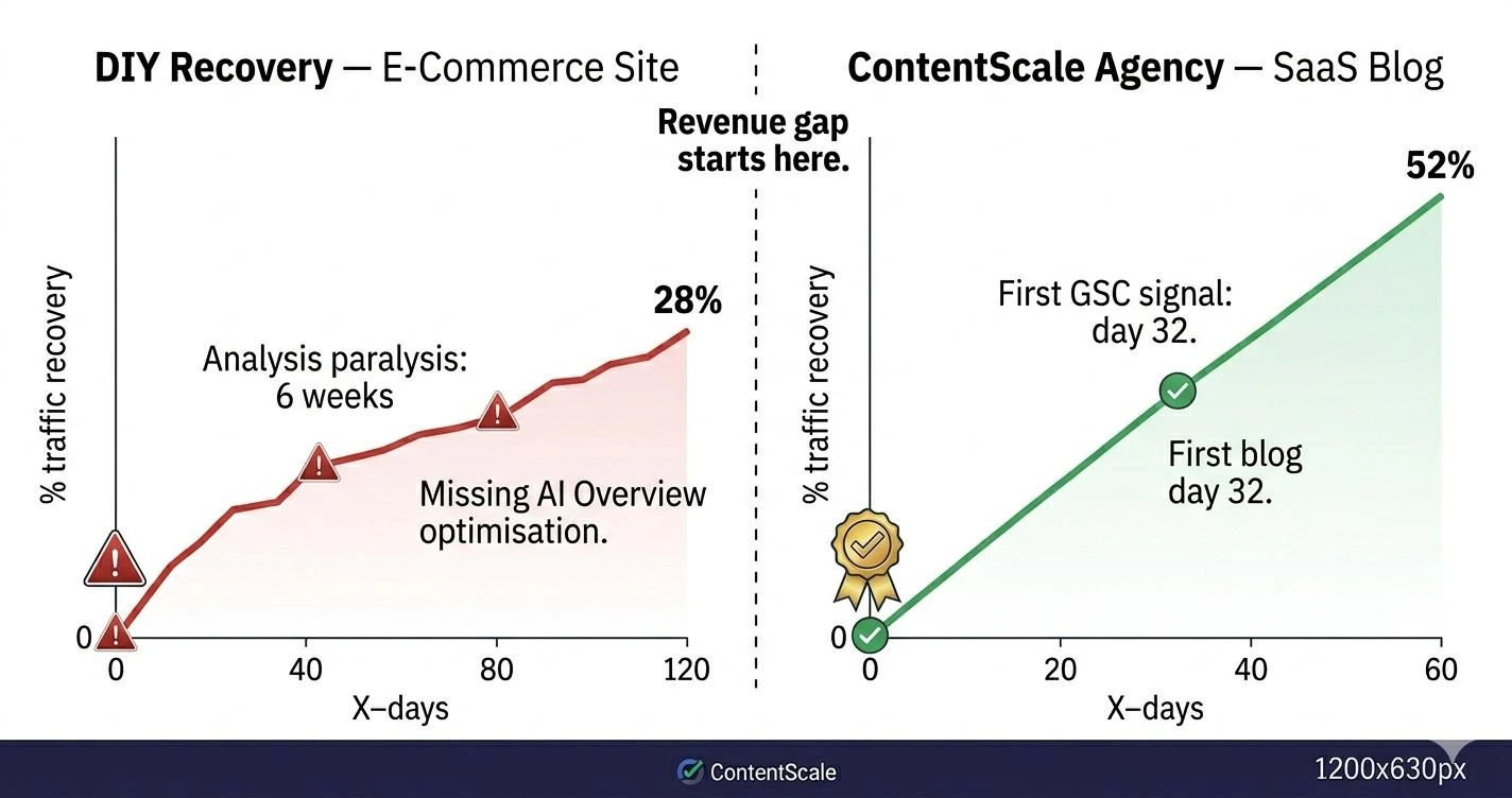 DIY vs Agency Recovery case study results chart — two side-by-side line graphs showing e-commerce site DIY recovery reaching 28 percent in 120 days versus agency recovery reaching 45 percent in 60 days