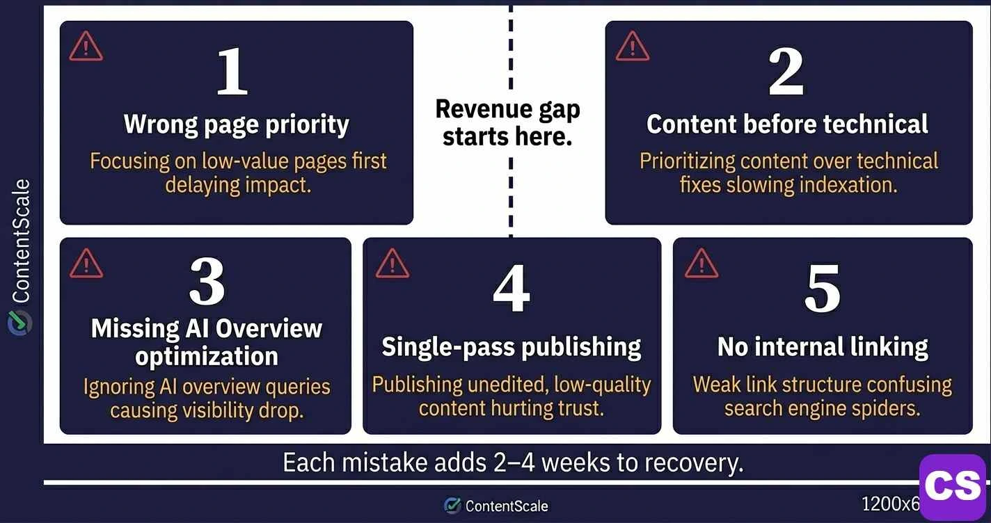DIY vs Agency Recovery common mistakes infographic — five numbered mistake boxes showing wrong page prioritisation, missing technical foundations, no AI Overview optimisation, insufficient revision cycles, and poor internal linking strategy