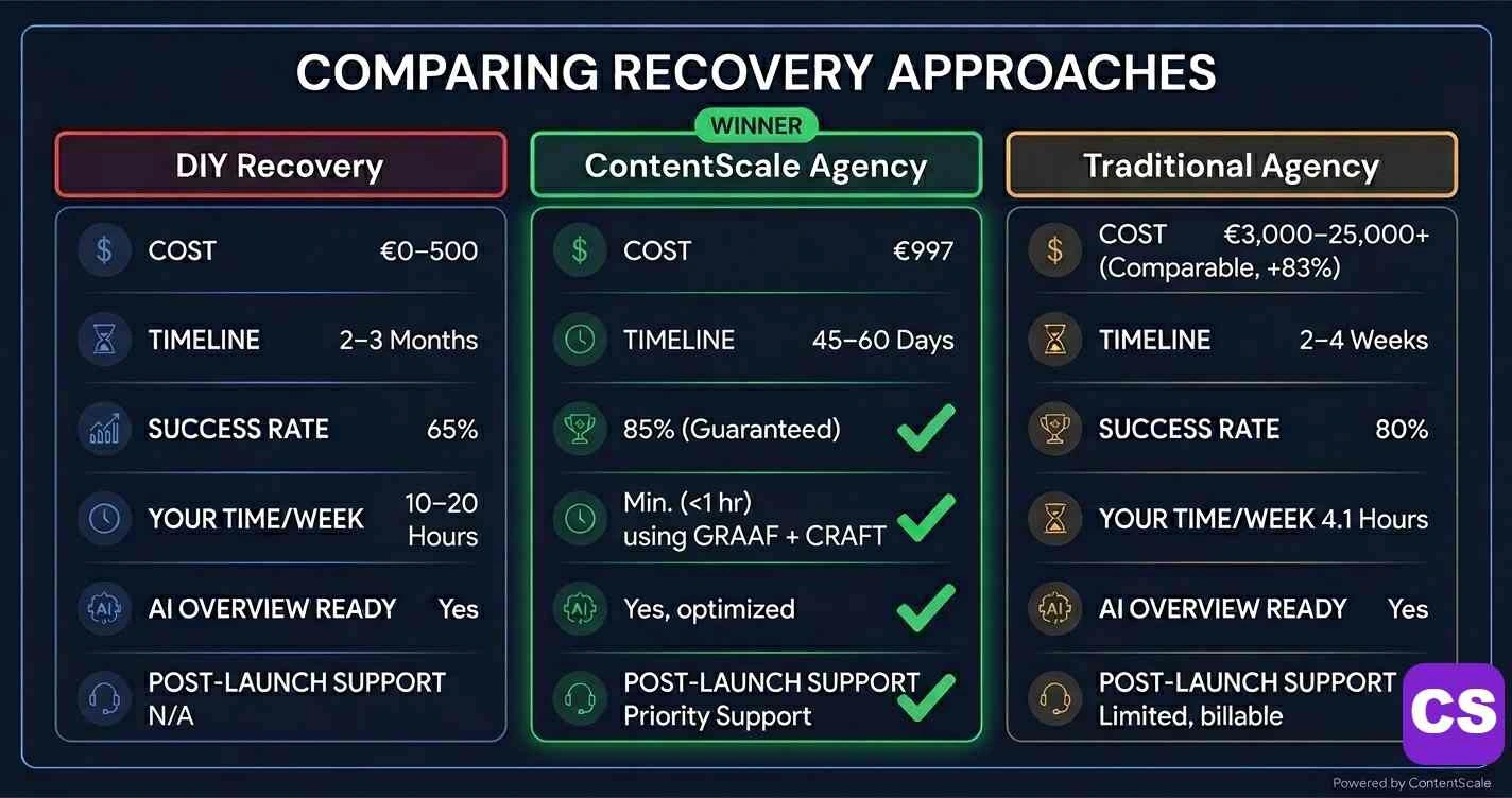 DIY vs Agency Recovery comparison chart 2026 — side-by-side cost, timeline and success rate data for DIY self-managed recovery versus ContentScale agency recovery versus traditional SEO agencies
