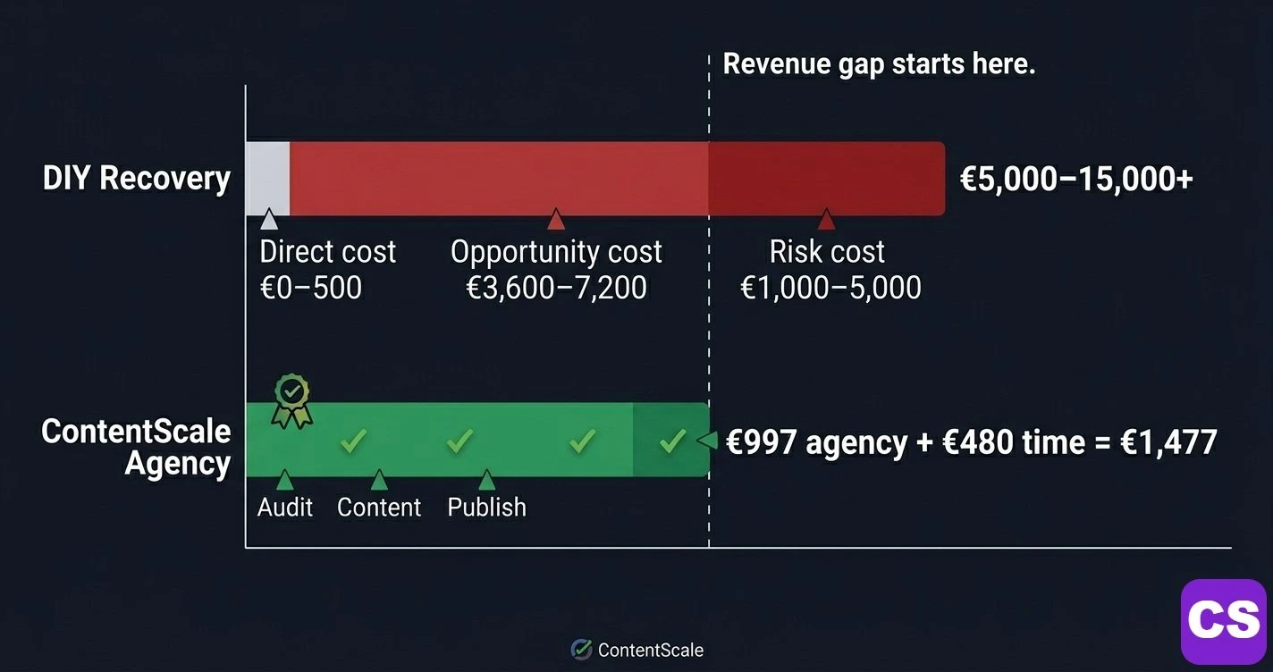 DIY vs Agency Recovery true cost breakdown infographic showing direct costs, hidden opportunity costs and risk costs stacked in a bar chart — DIY total reaching 5000 to 15000 euros versus ContentScale agency at 1300 to 1500 euros