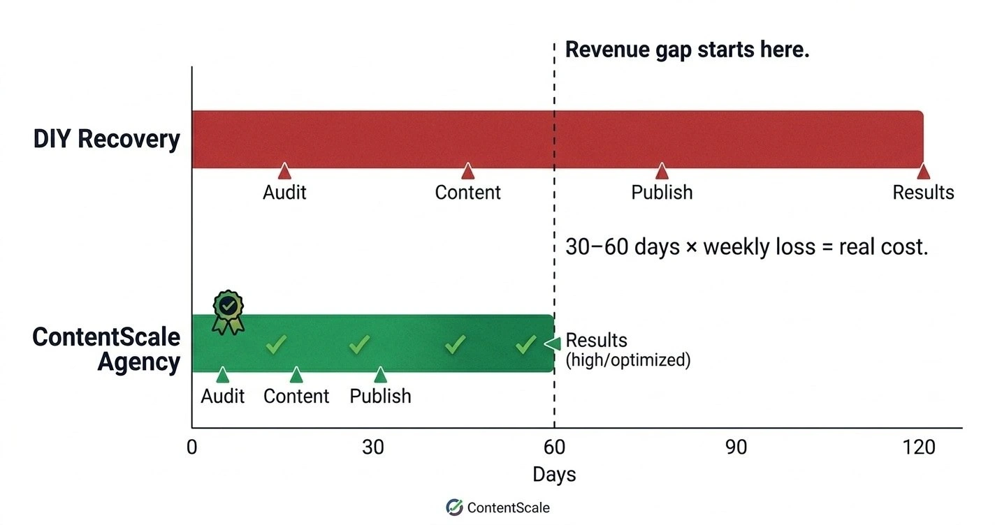 DIY vs Agency Recovery timeline diagram — DIY recovery timeline bar spanning 60 to 120 days versus ContentScale agency recovery bar of 45 to 60 days, annotated with key milestones and revenue impact