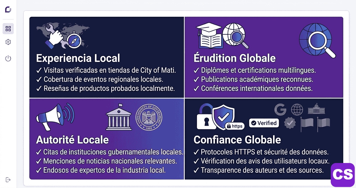 E-E-A-T signals checklist for international SEO content showing experience expertise authoritativeness and trust factors per market