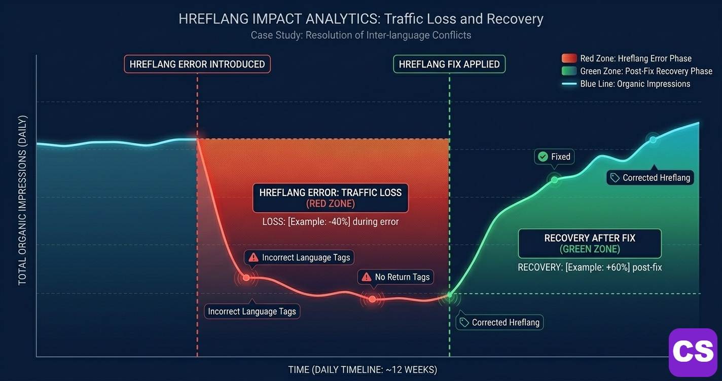 Analytics chart showing international organic traffic recovery after fixing hreflang errors on a multilingual e-commerce site