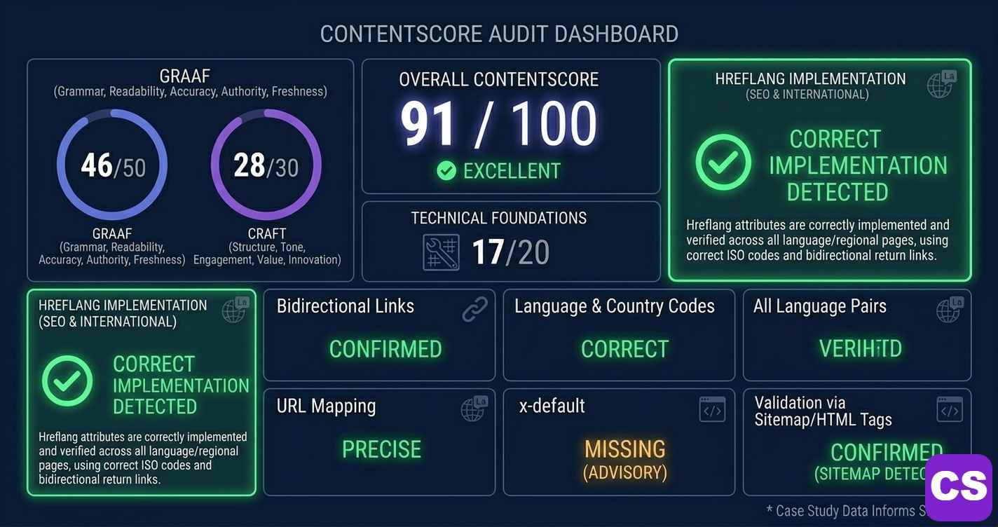 ContentScale audit tool showing hreflang technical SEO score with GRAAF CRAFT and Technical breakdown for international pages