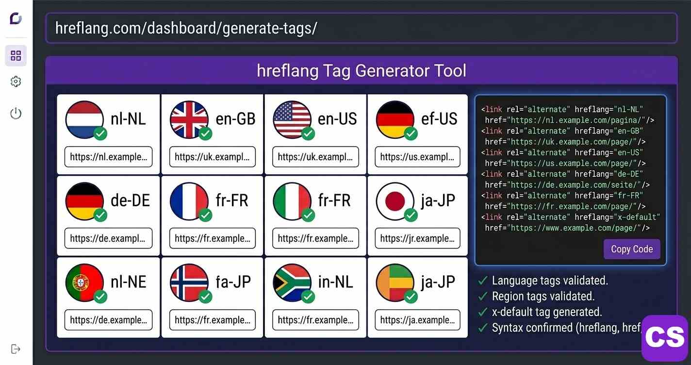 Hreflang generator tool interface showing language and country code selection for international SEO targeting