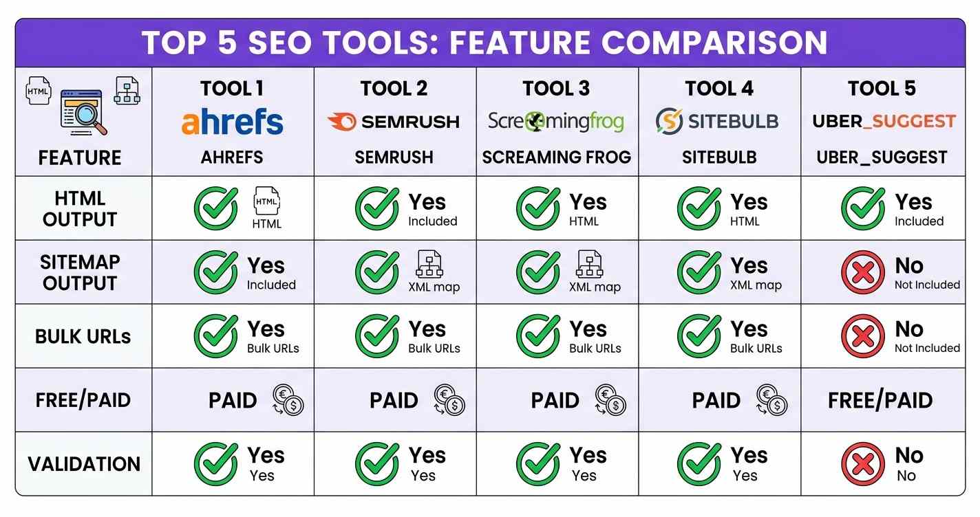 Comparison table of five hreflang generator tools showing features, URL limits, and output formats for 2026