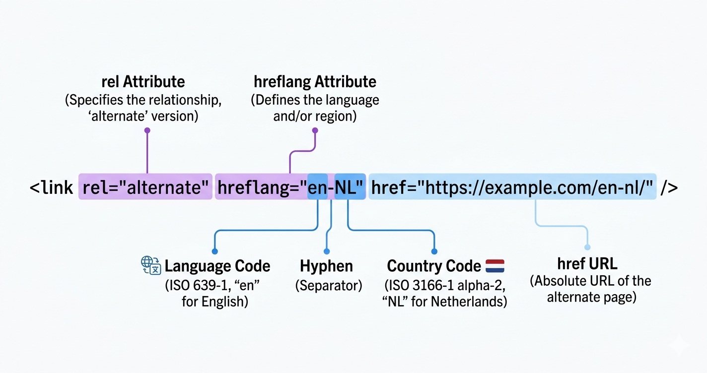 Diagram showing hreflang tag structure with ISO language codes and country codes highlighted in purple and blue