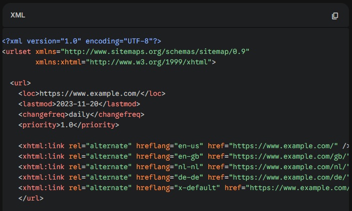 XML sitemap code example showing hreflang entries with multiple language variants including en-US, en-GB, and nl-NL