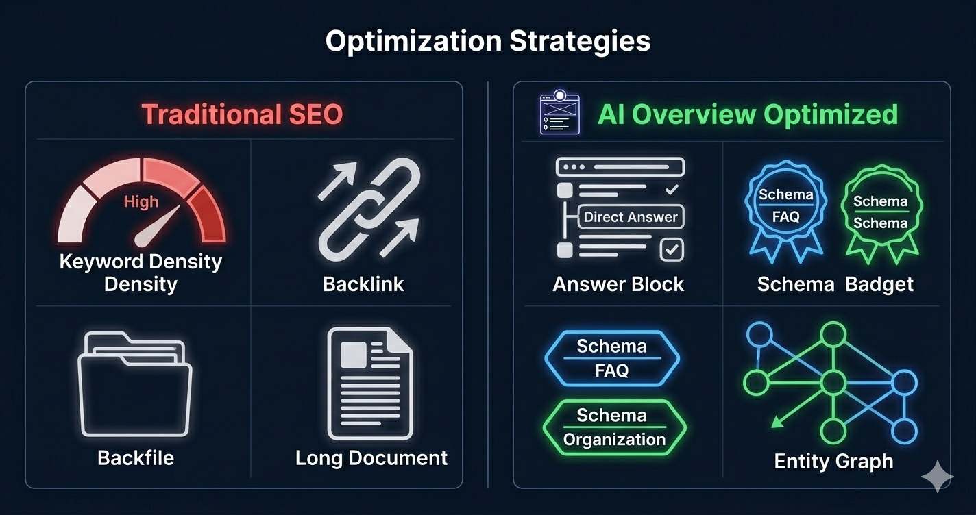 Side by side comparison of AI Overview optimized content structure versus traditional SEO content layout