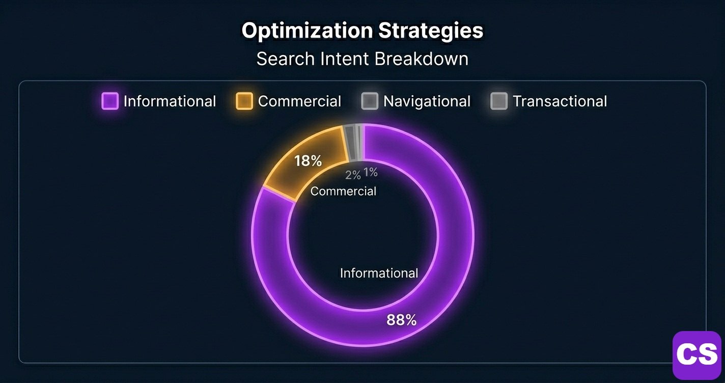 Pie chart showing 88% informational query intent dominates AI Overview triggers with commercial and navigational segments