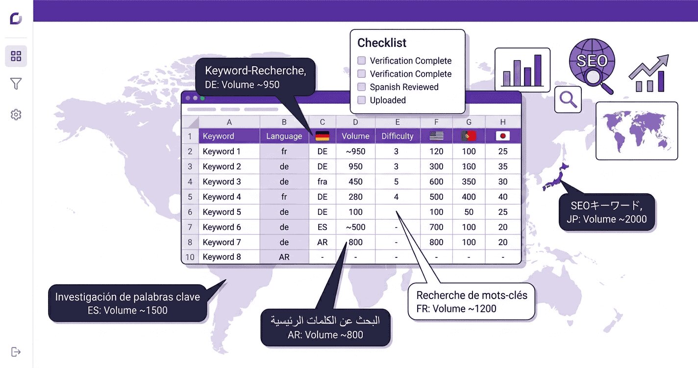 International keyword research process showing multilingual search query mapping across global markets on a world map