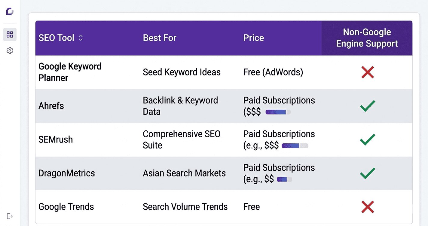 Comparison chart of international keyword research tools showing Google Keyword Planner, Ahrefs, SEMrush, DragonMetrics and Google Trends with pricing and features