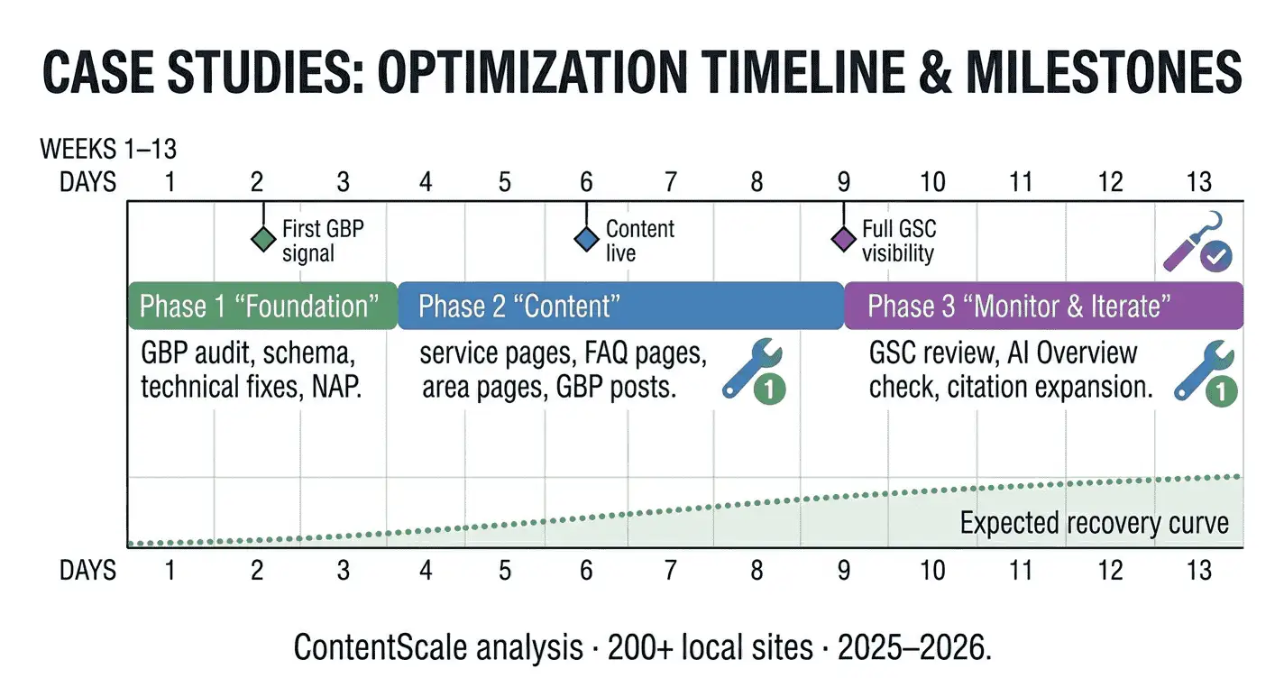 Local business recovery 90-day roadmap — three-phase Gantt chart showing foundation phase weeks 1 to 2, content phase weeks 3 to 8 and monitor iterate phase weeks 9 to 13 with milestones and expected GSC signals at each stage