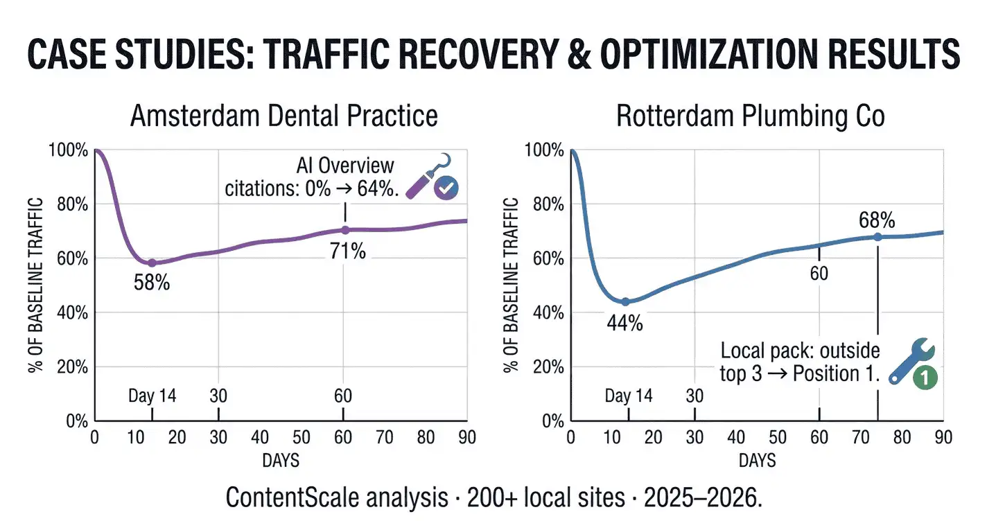 Local business recovery case study results — side by side GSC charts showing Amsterdam dental practice recovering 71 percent of traffic in 60 days and Rotterdam plumbing company recovering 68 percent in 75 days using GRAAF Framework
