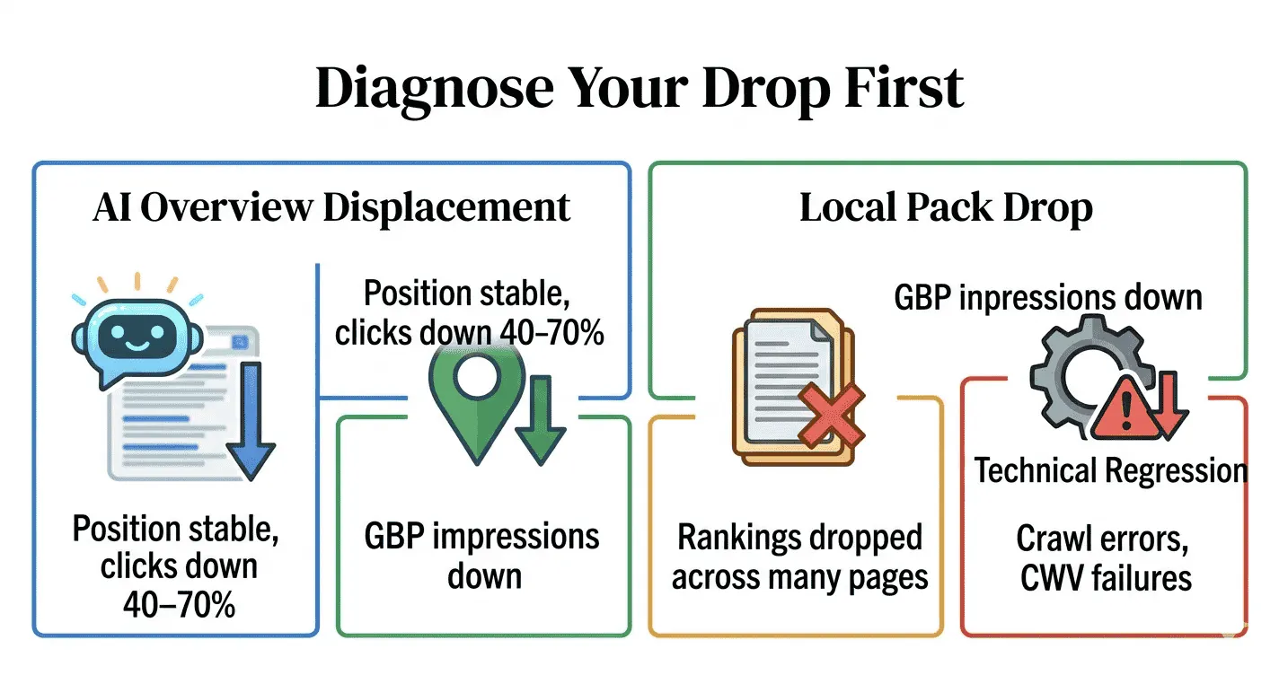 Local business recovery cause diagnosis — four-quadrant chart mapping GSC signal patterns to root causes: AI Overview displacement, local pack drop, Helpful Content penalty and technical regression