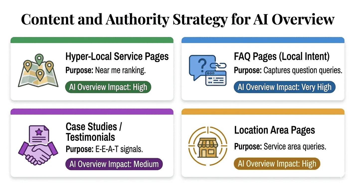 Local business recovery content strategy framework — four content type cards showing hyper-local service pages, FAQ pages for near me queries, case studies with local context and location area pages with their AI Overview citation rates