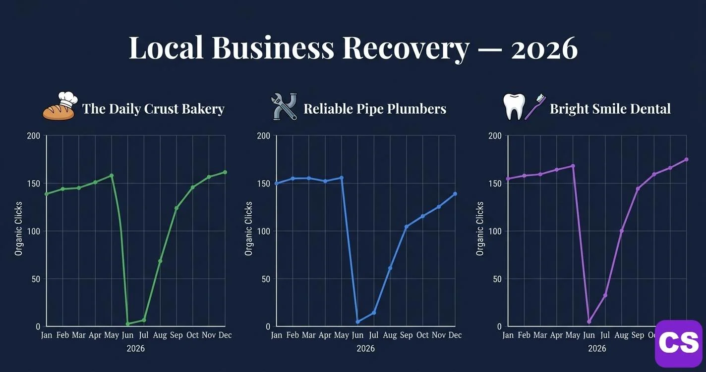 Local business recovery from Google traffic drop 2026 — local bakery, plumber and dental practice GSC charts showing traffic decline then recovery curve after GRAAF Framework implementation